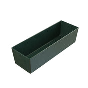 A rectangular, dark green planter box with straight sides and a smooth matte finish, made from Duracoat coated cast aluminum for lasting durability. Shown empty on a white background, it's ideal for indoor or outdoor use.