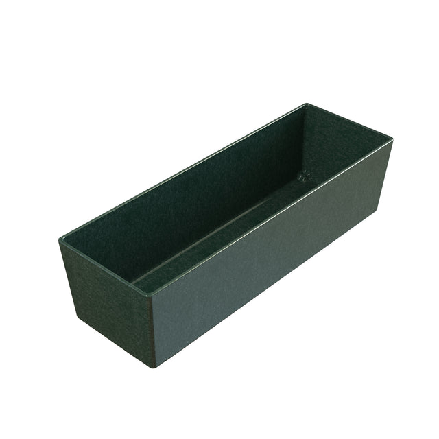 A rectangular, dark green planter box with straight sides and a smooth matte finish, made from Duracoat coated cast aluminum for lasting durability. Shown empty on a white background, it's ideal for indoor or outdoor use.