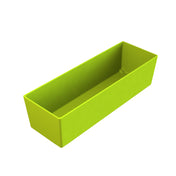 A rectangular, lime green plastic planter box with tall sides and an open top is shown on a white background. With a smooth surface like a Simple Solutions Bowl, it is empty and viewed from an angle that shows the inside and two sides.
