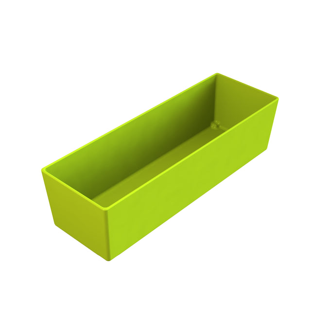 A rectangular, lime green plastic planter box with tall sides and an open top is shown on a white background. With a smooth surface like a Simple Solutions Bowl, it is empty and viewed from an angle that shows the inside and two sides.