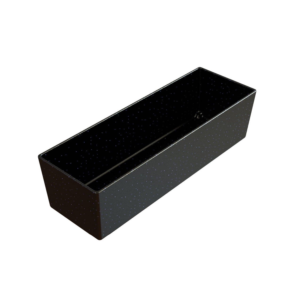 A rectangular, deep black speckled Simple Solutions Bowl with straight sides and an open top, crafted from Duracoat coated cast aluminum. Its glossy finish features small white specks evenly distributed across the surface—ideal as a cold holding bowl.