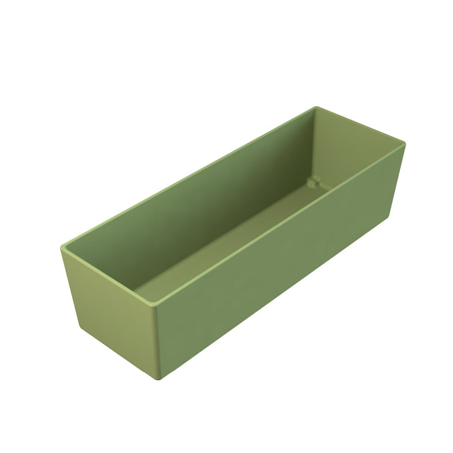A rectangular, light green plastic planter box with straight sides and no decorations, shown from a slightly angled top perspective on a white background. Like a dishwasher safe bowl, the planter has smooth surfaces inside and out and is completely empty.