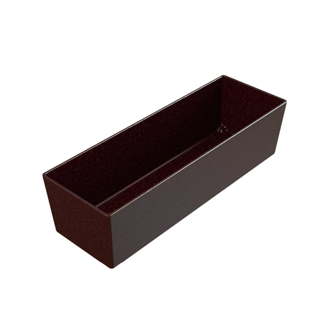 A rectangular, deep, dark brown Simple Solutions Bowl with straight sides and sharp corners, viewed from above. The surface appears smooth and glossy, making this empty cast aluminum bowl perfect for stylish cold holding.