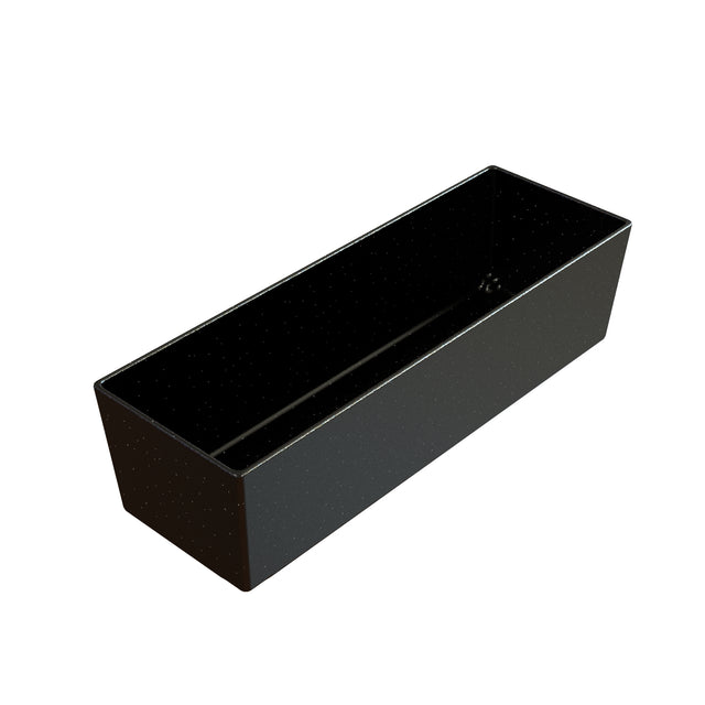 A rectangular black planter box with a smooth, slightly speckled surface, viewed at an angle showing the open top and empty interior—crafted with care like a cast aluminum bowl—set against a clean white background.