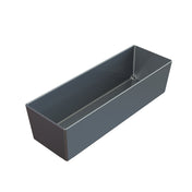 A 3D-rendered image of a rectangular, deep cast aluminum bowl with straight sides and sharp edges. The smooth interior features a small circular hole for drainage. The empty Simple Solutions Bowl has a matte finish and modern look.