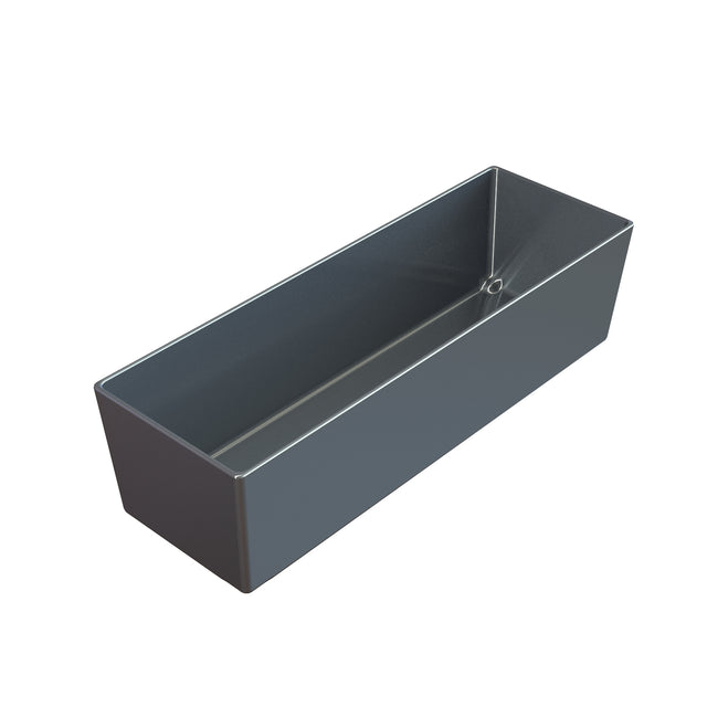 A 3D-rendered image of a rectangular, deep cast aluminum bowl with straight sides and sharp edges. The smooth interior features a small circular hole for drainage. The empty Simple Solutions Bowl has a matte finish and modern look.