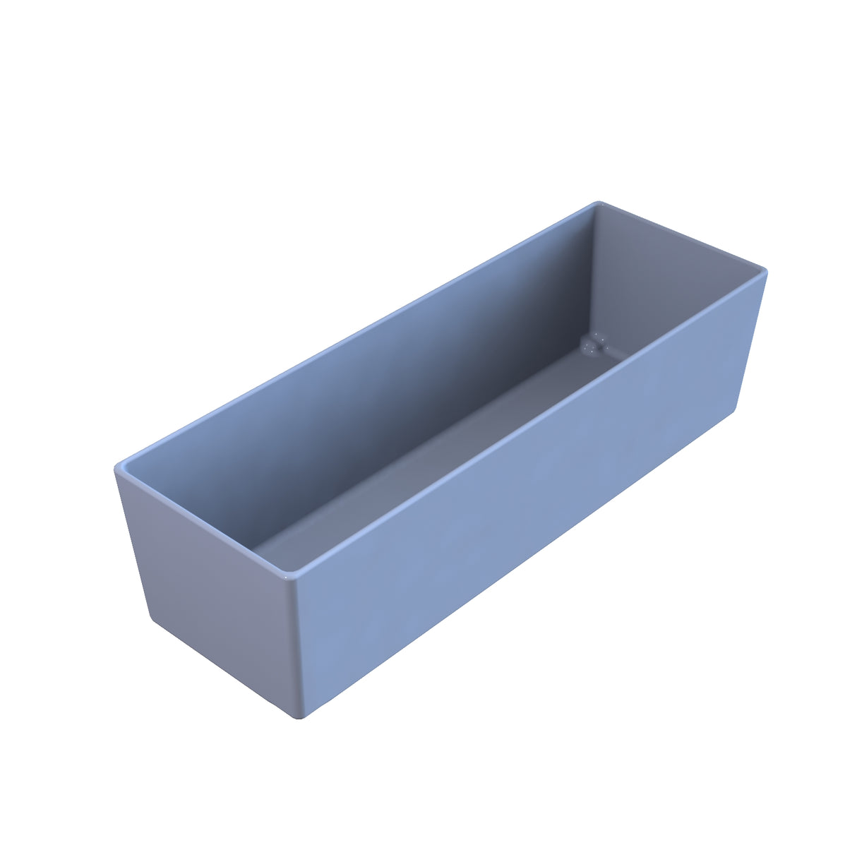 A 3D-rendered image of a rectangular, open-topped, light gray cast aluminum bowl with smooth sides and sharp corners, shown on a white background at an angle that displays the interior and side walls.