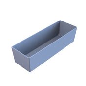 A 3D-rendered image of a rectangular, open-topped, light gray cast aluminum bowl with smooth sides and sharp corners, shown on a white background at an angle that displays the interior and side walls.
