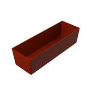 A rectangular, deep, red container made of Duracoat coated cast aluminum with smooth sides and sharp corners, photographed against a plain white background. The glossy-finished planter box is empty.