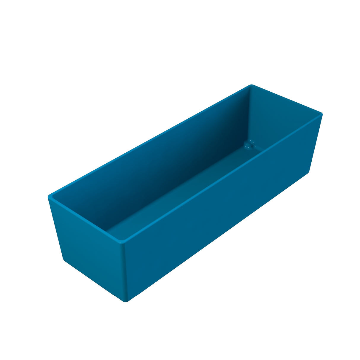 A simple, empty, rectangular blue container with straight sides and sharp corners, shown at an angle on a white background. This could be a cold holding bowl or Simple Solutions Bowl made of plastic.