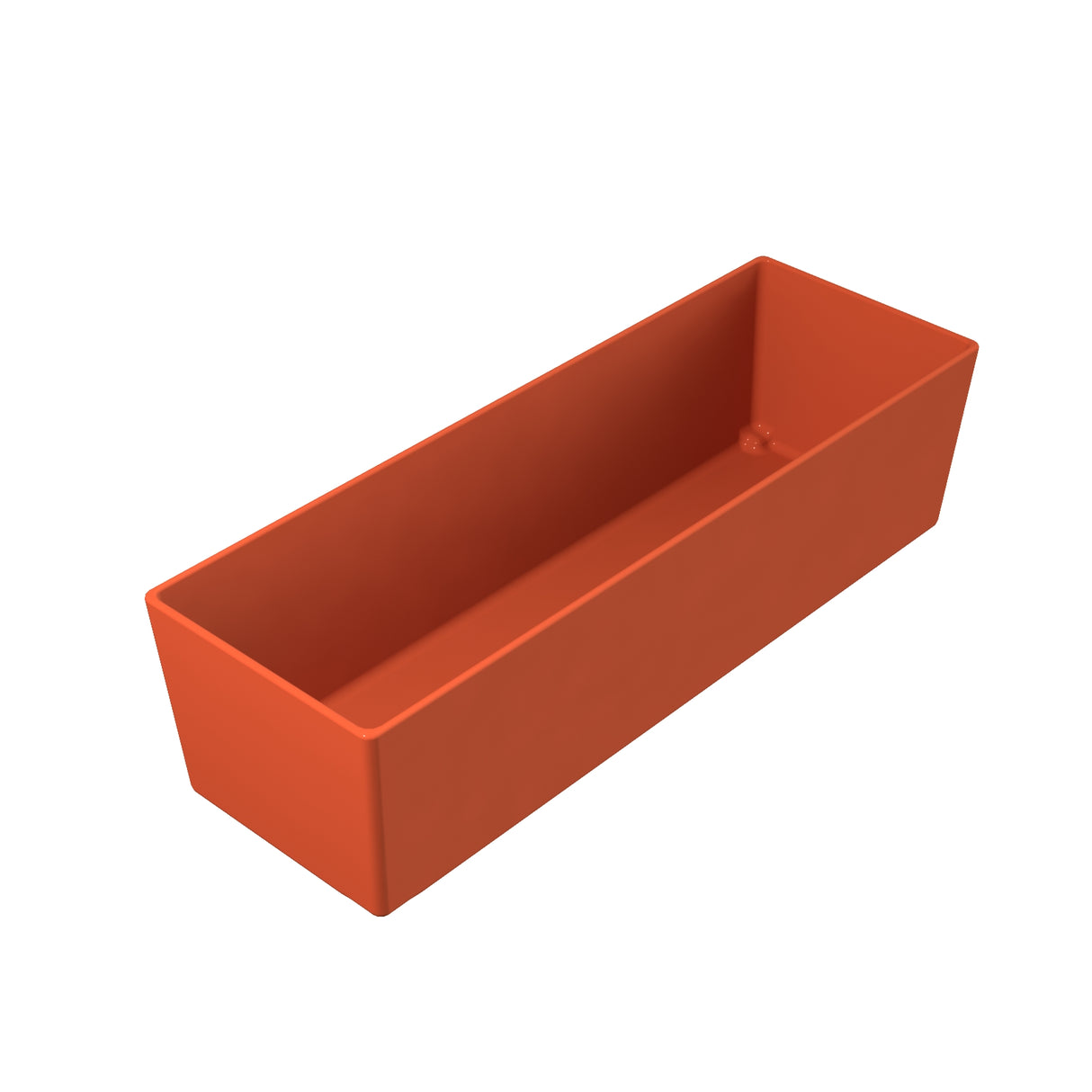 A rectangular, orange planter box with smooth sides and sharp corners, viewed from above. Its Duracoat coated cast aluminum finish and empty interior stand out against a plain white background, emphasizing the planter’s simple, modern design.