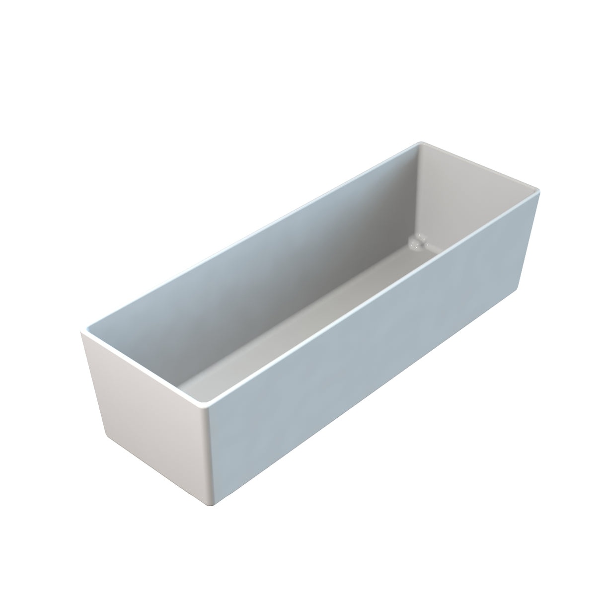 A 3D-rendered image of the Simple Solutions Bowl—a rectangular, white, open-topped cast aluminum bowl with smooth surfaces and sharp edges. The empty, dishwasher safe bowl sits on a plain white background, viewed from an elevated angle.