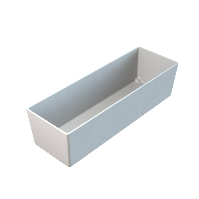A 3D-rendered image of the Simple Solutions Bowl—a rectangular, white, open-topped cast aluminum bowl with smooth surfaces and sharp edges. The empty, dishwasher safe bowl sits on a plain white background, viewed from an elevated angle.