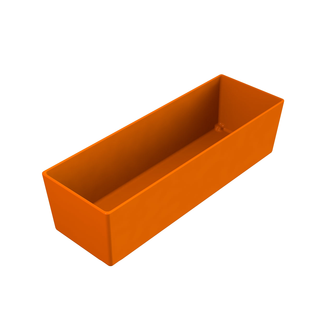 A rectangular, open-top, orange Simple Solutions Bowl with smooth sides and a seamless appearance, viewed from a high angle against a white background.