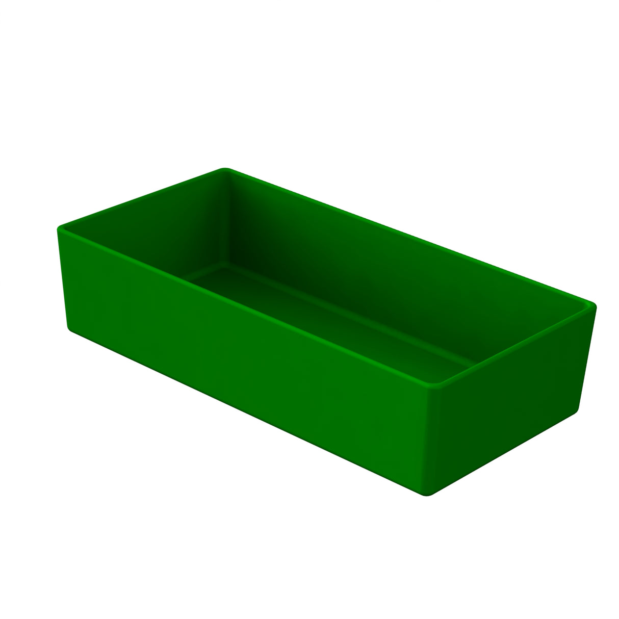 A rectangular, solid green Simple Solutions Bowl is viewed from a slight angle, showing its open top and deep sides. The cold holding bowl is empty, has smooth surfaces, and is placed against a plain white background.