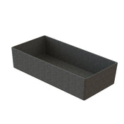 A rectangular, open-top storage box with straight sides and a flat bottom, covered in dark gray fabric. Similar to a cold holding bowl, it's practical and easy to clean. The box is empty, shown on a white background at an angle.