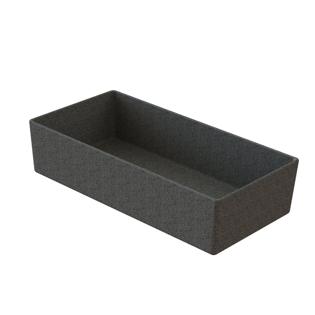 A rectangular, open-top storage box with straight sides and a flat bottom, covered in dark gray fabric. Similar to a cold holding bowl, it's practical and easy to clean. The box is empty, shown on a white background at an angle.