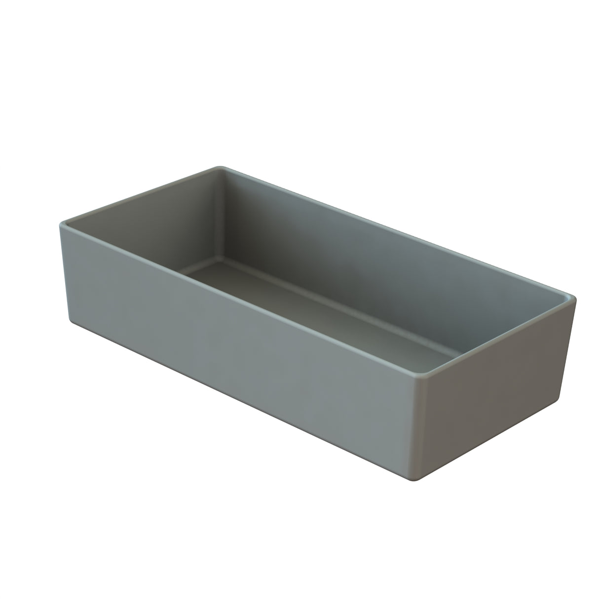 A rectangular, gray Simple Solutions Bowl with straight sides and sharp corners is displayed at an angle on a white background. Made of matte Duracoat coated cast aluminum, this open-top cold holding bowl offers durability and modern style.