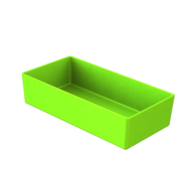 A bright green rectangular Simple Solutions Bowl with tall sides, shown at an angle on a white background. The tray is empty, smooth, and features a glossy finish.