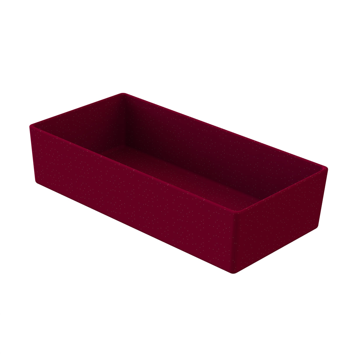 A rectangular, deep maroon-colored cast aluminum box with small, evenly spaced white dots covers its surface. The box is empty, has straight sides, and is shown on a white background with the open top facing up.