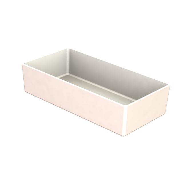A rectangular, shallow white container with smooth edges and an open top, shown on a plain white background. This Simple Solutions Bowl features a modern design and is crafted from Duracoat coated cast aluminum for added durability.