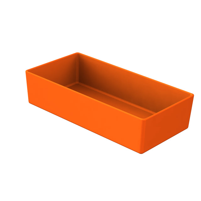 A rectangular, open-top orange cast aluminum bowl with smooth sides and no visible handles, shown against a white background. The container is empty and has thick walls, giving this dishwasher safe bowl a sturdy appearance.