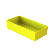 A rectangular, shallow, solid yellow Simple Solutions Bowl with smooth sides and sharp corners, shown at an angle on a white background. The Duracoat coated cast aluminum container is empty and ready for cold holding.
