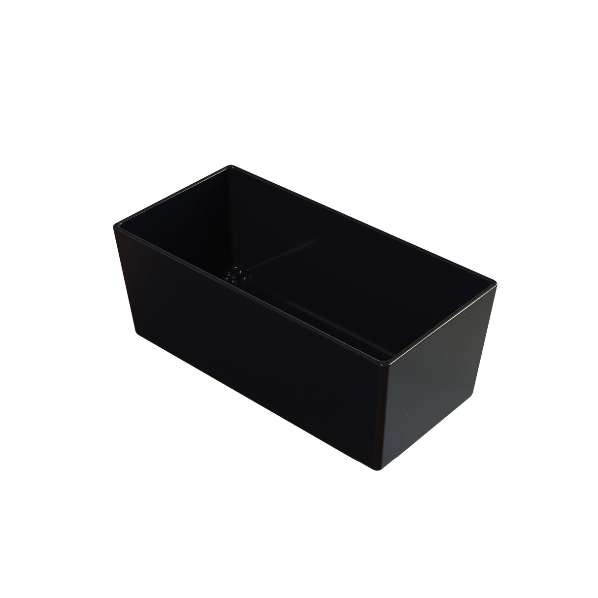 A black rectangular Simple Solutions Bowl with straight sides and sharp corners is shown on a white background. The container, ideal as a cold holding bowl, is empty and viewed from a slightly elevated angle, revealing its interior.