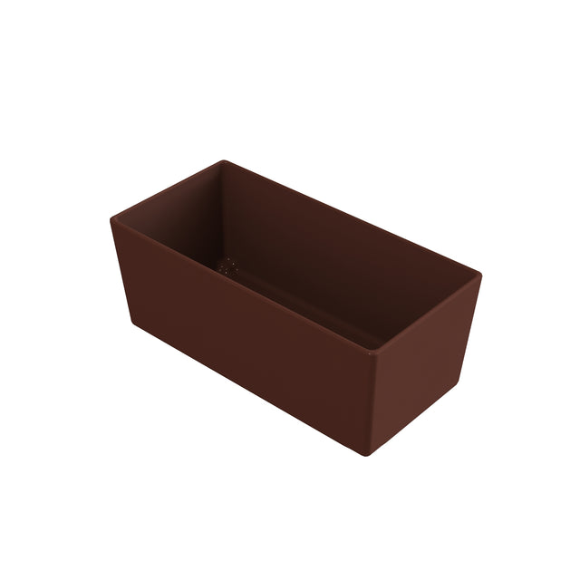 A rectangular, dark brown planter box with smooth sides is shown on a white background. Its simple, modern design is reminiscent of a Duracoat coated cast aluminum Simple Solutions Bowl, empty and viewed from a slight angle above.