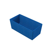 A rectangular, solid blue Simple Solutions Bowl with smooth sides and sharp edges, made of Duracoat coated cast aluminum, sits open-top on a white background. The box appears lightweight and durable.