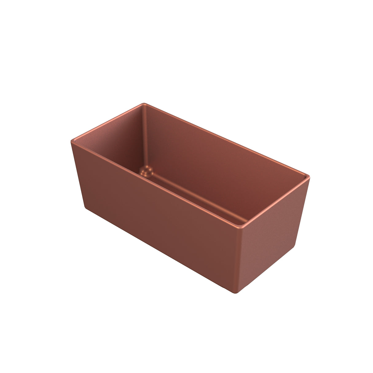 A rectangular, copper-colored Simple Solutions Bowl with straight sides and an open top is shown on a white background. Crafted from Duracoat coated cast aluminum, the bowl’s sharp edges and clean lines highlight its minimalist design.
