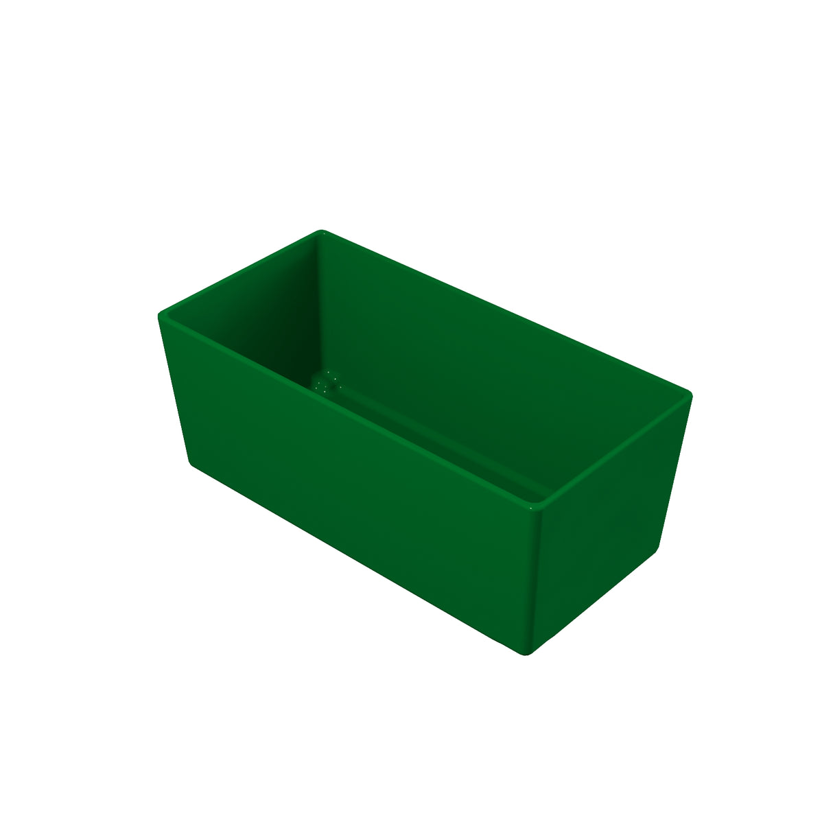 A rectangular, open-top green plastic container is shown against a white background. Dishwasher safe, it features straight sides, sharp corners, and no visible handles or markings. The empty container is viewed from an angled, top-down perspective.