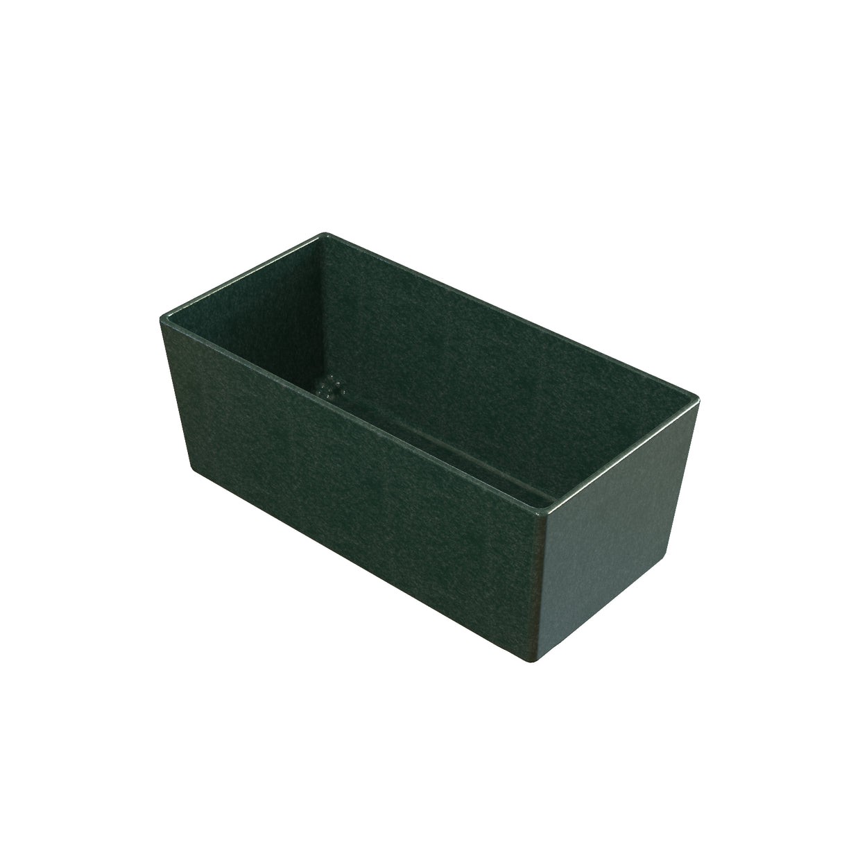 A rectangular, deep green Simple Solutions Bowl made of Duracoat coated cast aluminum with straight sides and no lid. The surface has a slight glossy finish, no visible handles or designs, and sits on a white background.