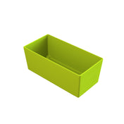 A rectangular, bright green plastic container with straight sides and an open top, shown on a white background. Unlike a cast aluminum bowl, this container has smooth surfaces and defined edges, perfect for storing or organizing small items.