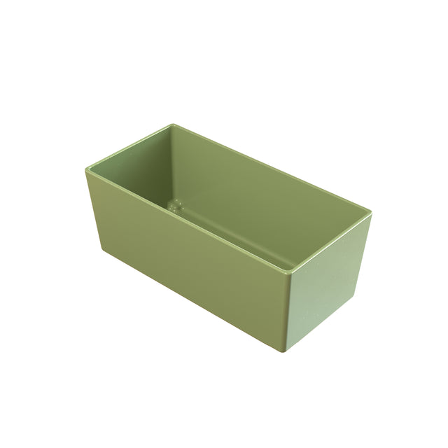 A rectangular, open-top Simple Solutions Bowl in muted green. Made from Duracoat coated cast aluminum, the container features smooth sides, sharp edges, and a minimalistic matte finish, all displayed on a plain white background.