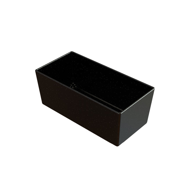 A rectangular black Simple Solutions Bowl with high sides and a glossy finish, shown at an angle. Sleek inside and out, subtle white speckles decorate its surface. The box appears empty and could be Duracoat coated cast aluminum or ceramic.