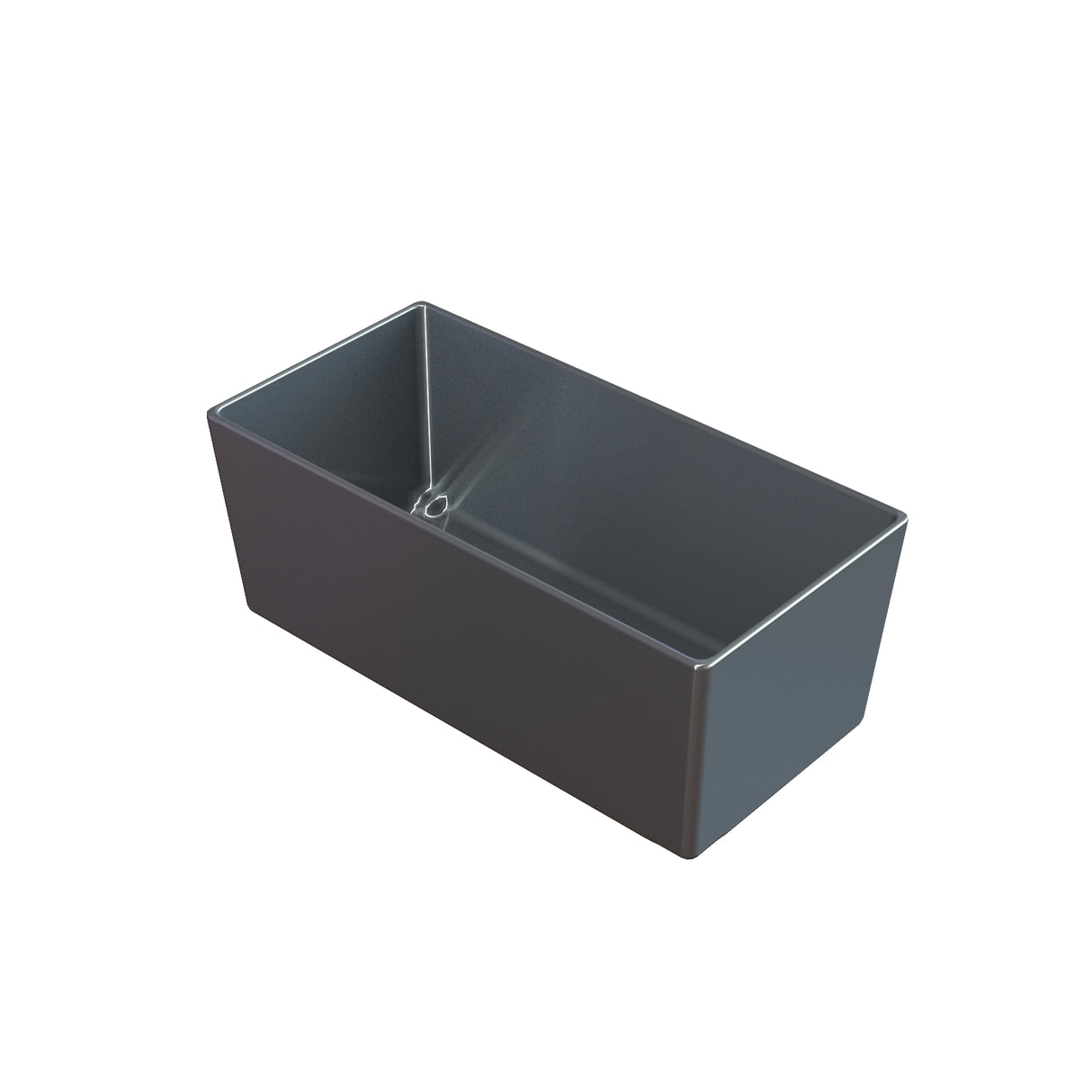 A rectangular, dark gray cast aluminum bowl with straight sides and sharp edges, open at the top, is shown against a plain white background. The Simple Solutions Bowl appears empty and clean, with a slight reflection on its surface.