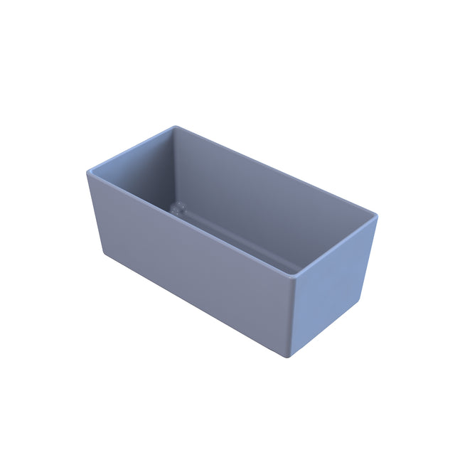 A rectangular, open-top Simple Solutions Bowl in light gray with smooth sides and sharp edges, viewed from above at an angle on a white background. This cold holding bowl features a Duracoat coated cast aluminum design that’s empty, modern, and minimal.