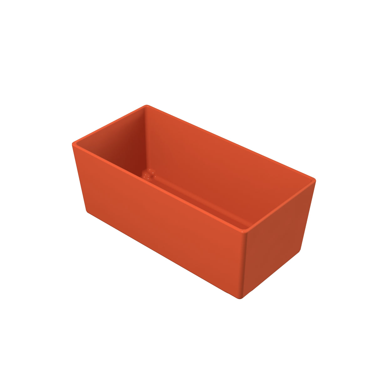A rectangular, open-top container made of smooth, solid orange Duracoat coated cast aluminum. The box has clean, straight edges and a flat bottom, viewed from a slight angle against a plain white background.