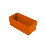 A rectangular, open-top Simple Solutions Bowl in solid orange is shown on a white background. Made of Duracoat coated cast aluminum, the container has straight sides, sharp corners, and is dishwasher safe for easy cleaning.