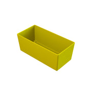 A rectangular, open-top yellow plastic cold holding container with smooth sides and a glossy surface, shown against a plain white background. The container appears empty and is viewed at an angle from above, revealing the inside.