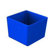 A solid blue, open-top, square cold holding bowl with smooth sides and slightly rounded corners is shown against a plain white background. The perspective reveals the interior and thickness of the container’s dishwasher safe walls.