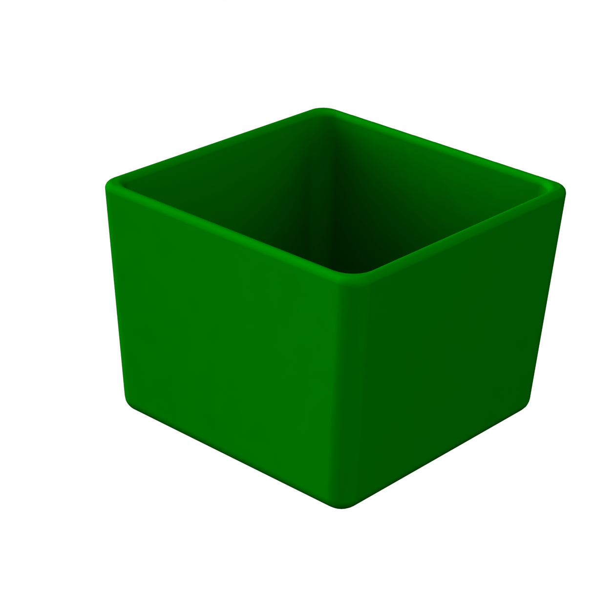 A 3D-rendered, solid green Simple Solutions™ Bowl features an open-top, cube-shaped design with smooth, rounded edges. Made from Duracoat™ coated cast aluminum, this cold holding bowl casts a subtle shadow on the white background.
