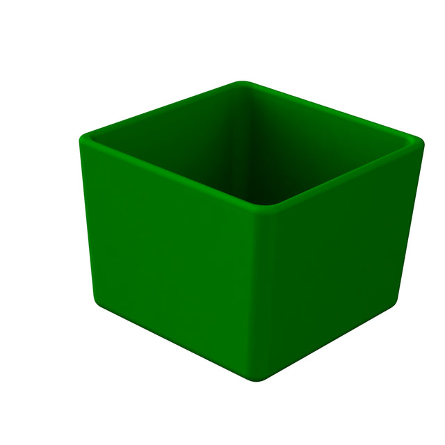 A 3D-rendered, solid green Simple Solutions™ Bowl features an open-top, cube-shaped design with smooth, rounded edges. Made from Duracoat™ coated cast aluminum, this cold holding bowl casts a subtle shadow on the white background.