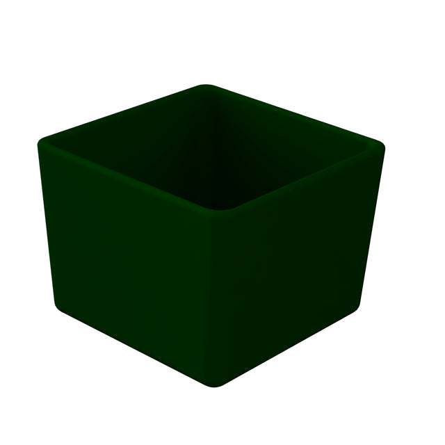 A simple, dark green, empty, square-shaped Simple Solutions Bowl with rounded edges, viewed slightly from above on a white background. The container has smooth surfaces and appears to be made of plastic or ceramic.