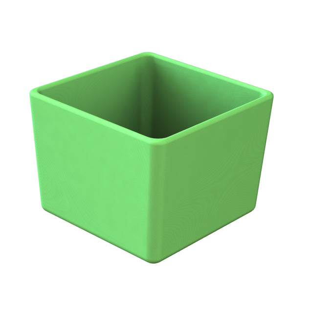 A simple, empty, green Simple Solutions Bowl with smooth surfaces and rounded edges, viewed at an angle against a white background. This modern cold holding bowl has no lid or markings and appears lightweight and stylish.