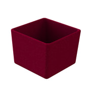 A deep maroon, square-shaped Duracoat coated cast aluminum bowl with softly rounded edges and a matte finish, decorated with tiny, evenly spaced white dots. The dishwasher safe bowl is empty and viewed at an angle to show its depth and open top.