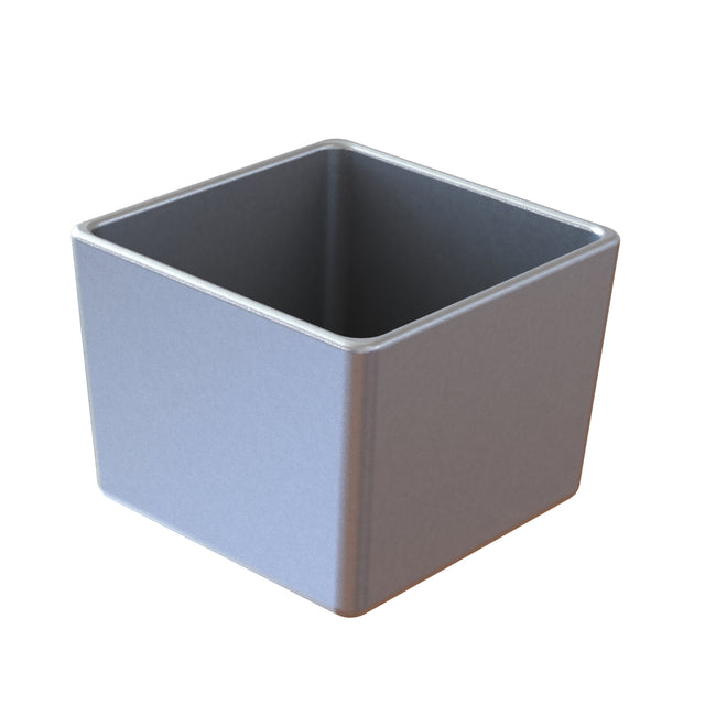 A realistic 3D rendering of a square, metallic cast aluminum bowl with rounded edges. The open-top container appears empty and is shown against a plain white background. The surface has a matte, light gray finish.