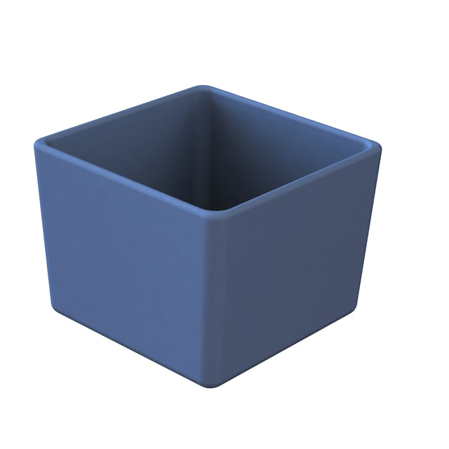 A simple, empty, blue square-shaped Simple Solutions Bowl with smooth edges and a matte finish is shown against a white background. The container appears to be made of Duracoat coated cast aluminum.