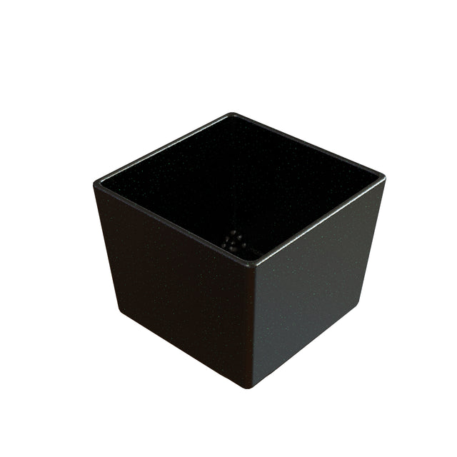 A plain, matte black, square-shaped Simple Solutions Bowl with straight sides and a flat base, shown empty and viewed from a slightly elevated angle. The cold holding bowl’s interior and exterior surfaces are smooth with no visible decorations or markings.